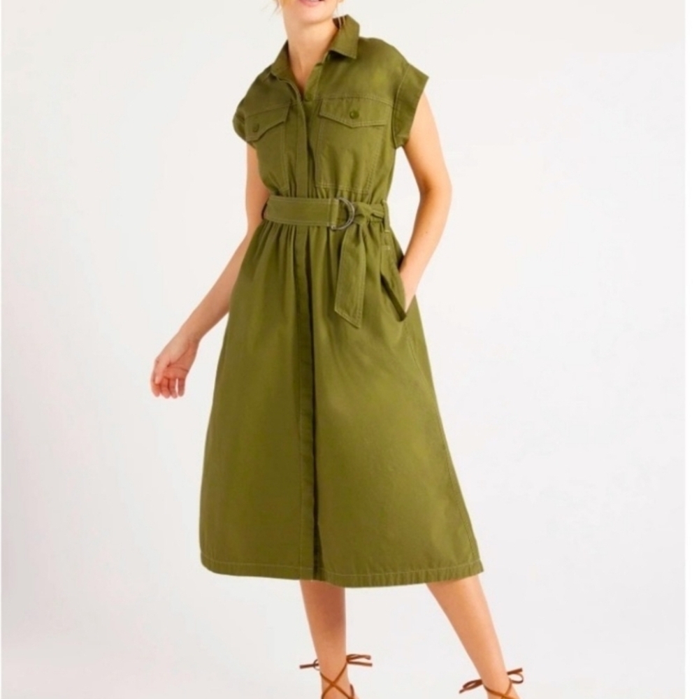 Elegant Olive Midi Utility Dress with Belt
